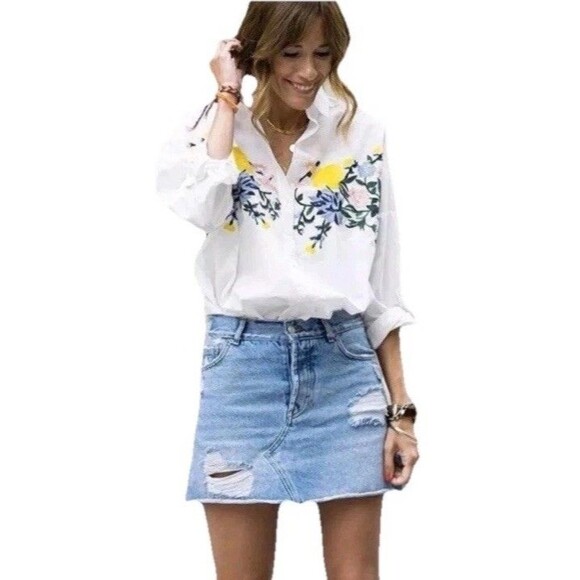ZARA L White Floral Embroidered Ballon  Sleeves Peasant Relaxed Blouse Top - Picture 1 of 12